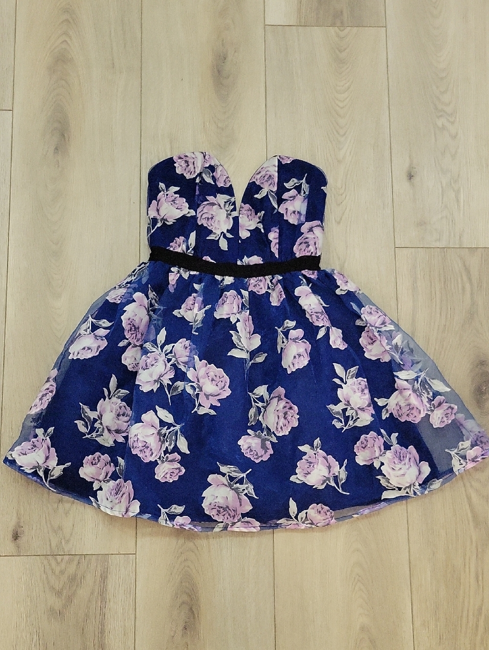 Tobi Navy Floral Strapless Party Dress with Lavender Roses